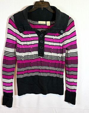 DKNY JEANS Womens M Black Pink Gray White Striped Knit Collared Button Sweater